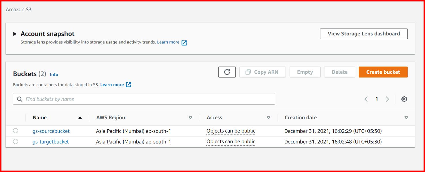 Picture showing buckets created in AWS console